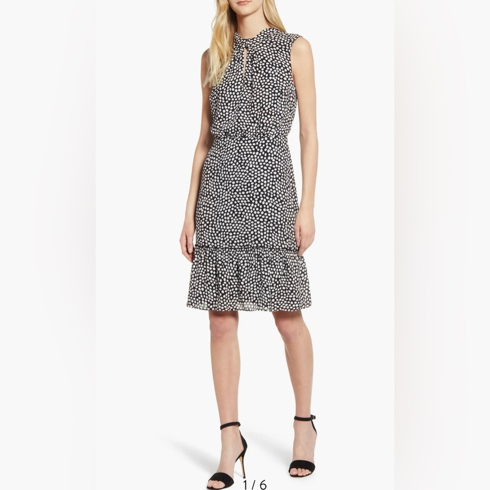 Karl Lagerfeld Dress Womens 8 Black White Polka Dot Tiered Ruffle Sleeveles